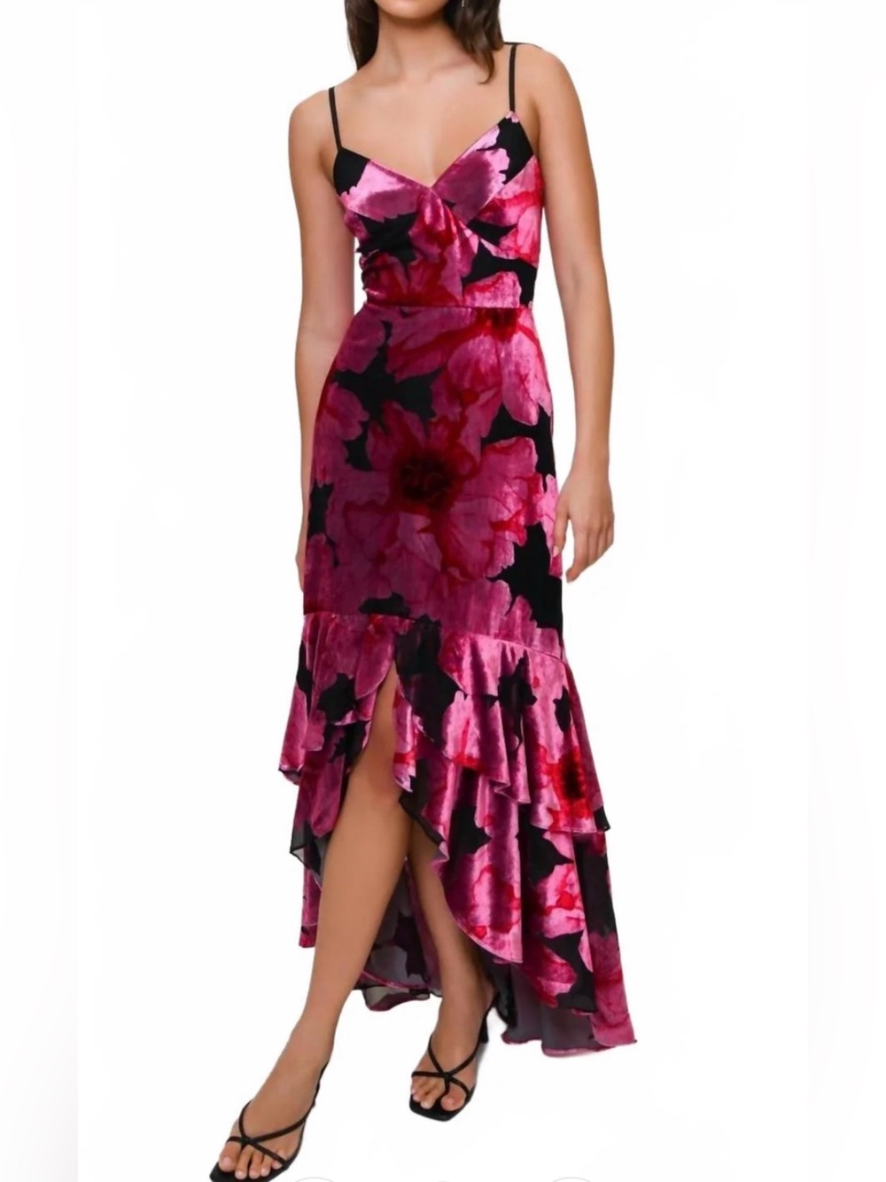 Hutch Royce Dress Floral Pink/Black Floral Velvet Spaghetti Strap HighLow size 2